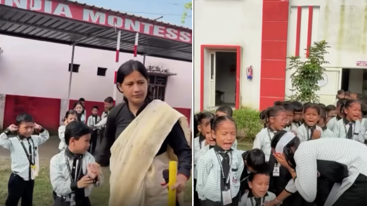 A child’s eyes were covered with bandages during the school’s anti-mobile exercise