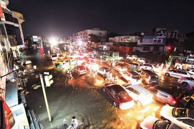 Traffic snarls were witnessed at many places in the city amid the heavy rainfall