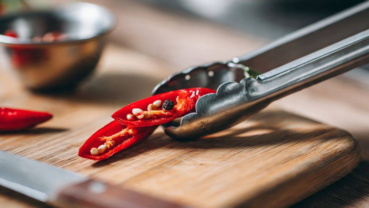 Hold the chilli with kitchen tongs<br>