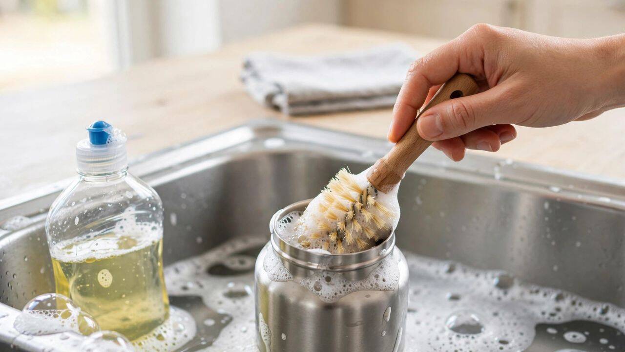 Use a bottle brush and a little washing-up liquid<br>