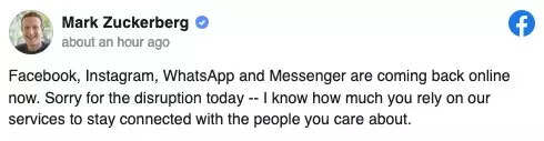 , Sorry for the disruption, says Zuckerberg as FB, WhatsApp services return online, The World Live Breaking News Coverage & Updates IN ENGLISH