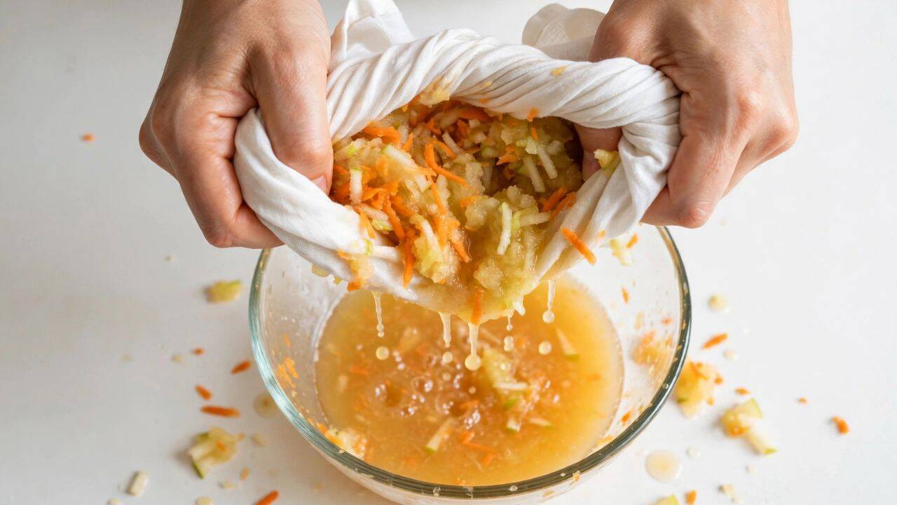 Press grated fruit through a clean cloth<br>