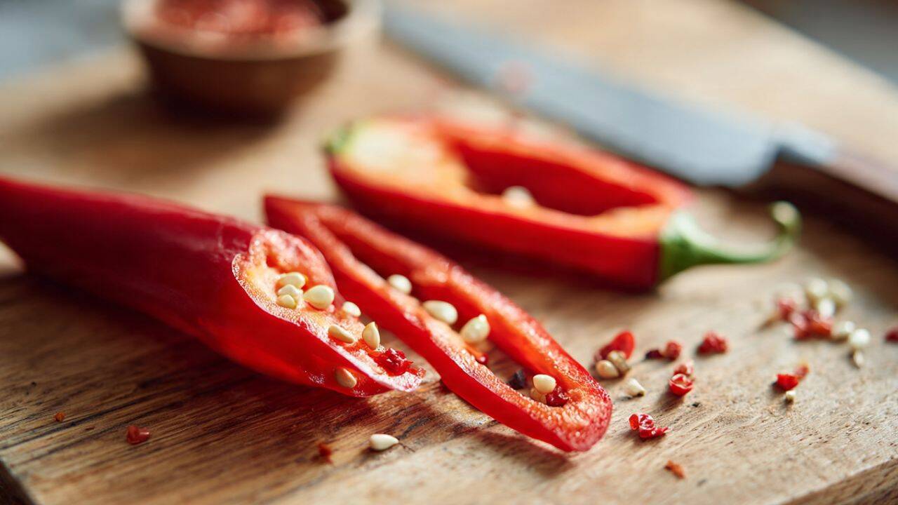Cut the chilli in half and remove the centre strip<br>
