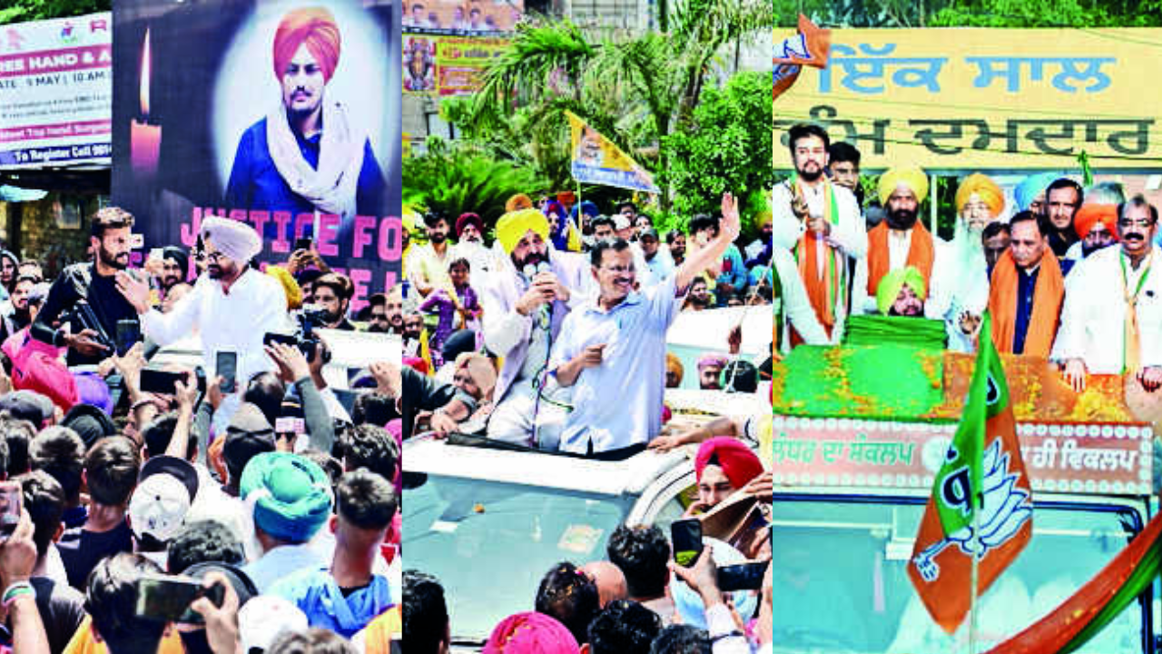 Sidhu Moose Wala’s father Balkaur Singh for the Congress, Arvind Kejriwal and Bhagwant Mann for AAP, and Anurag Thakur and Captain Amarinder Singh for the BJP