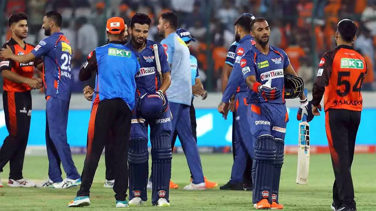 Players greet each other after Lucknow Super Giants' win against Sunrisers Hyderabad. (IANS Photo)