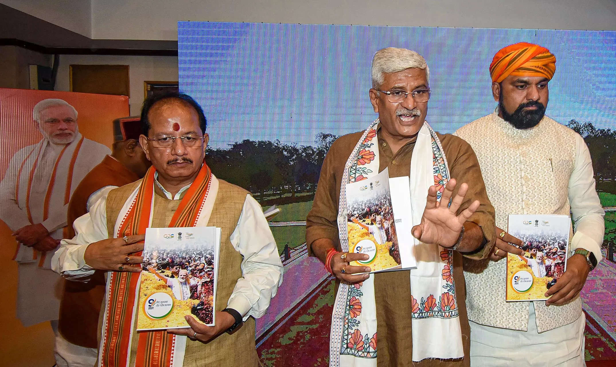 Union Jal Shakti Minister Gajendra Singh Shekhawat along with Bihar BJP President Samrat Chaudhary and LoP Vijay Kumar Sinha releases a report card on the achievement of nine years of BJP-led central government during 'Media Sanvad', in Patna. (PTI)