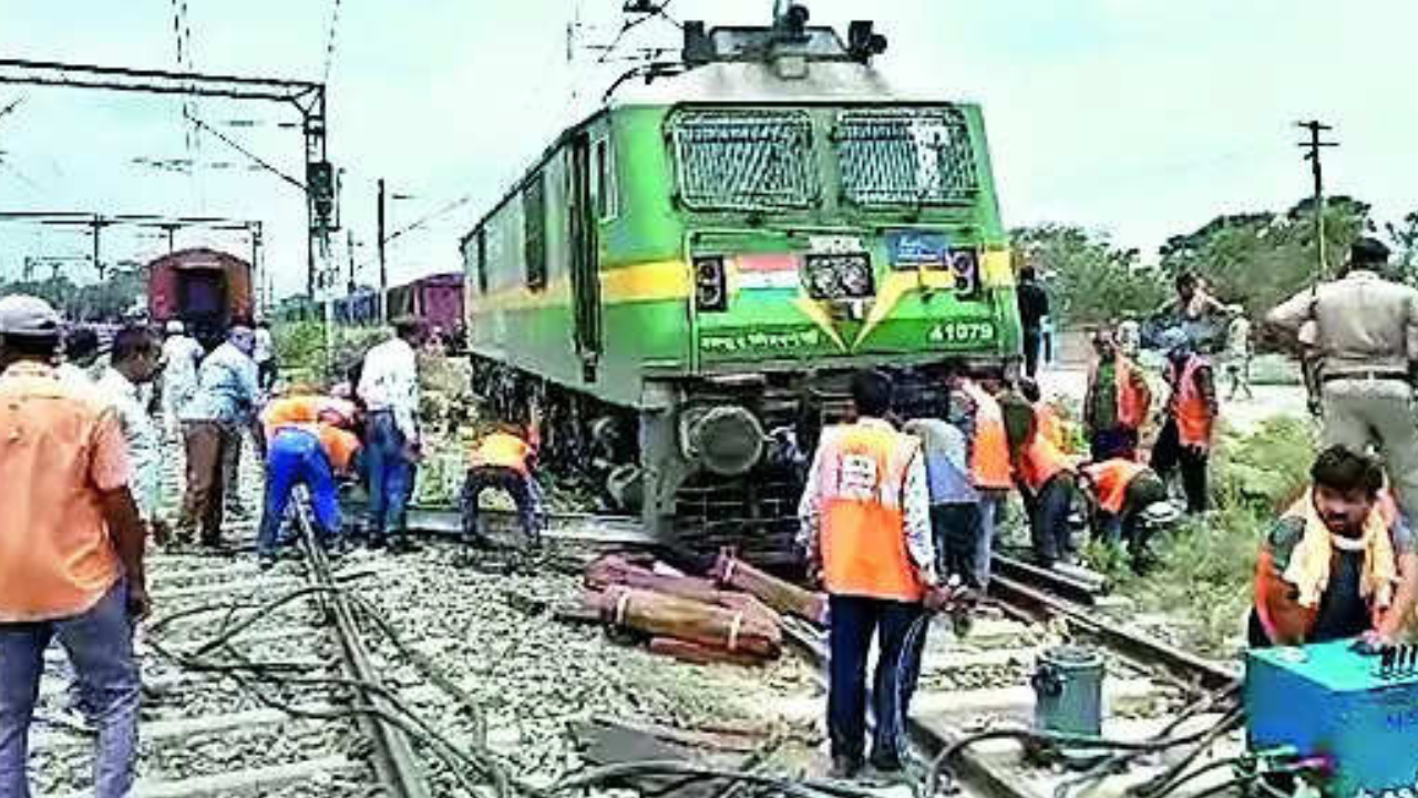 Restoration work underway near Karpurigram railway station between Samastipur and Muzaffarpur on Monday