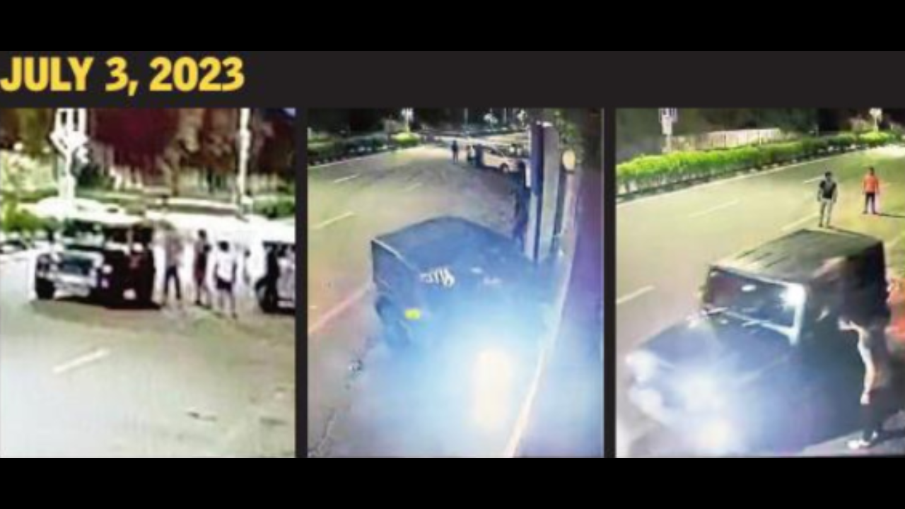 (L to R) Grabs from a video allegedly reveal Tathya Patel losing control of a black Thar and dashing it into the gate and wall of a restaurant on Sindhu Bhavan Road. The driver was accompanied by a group of youths
