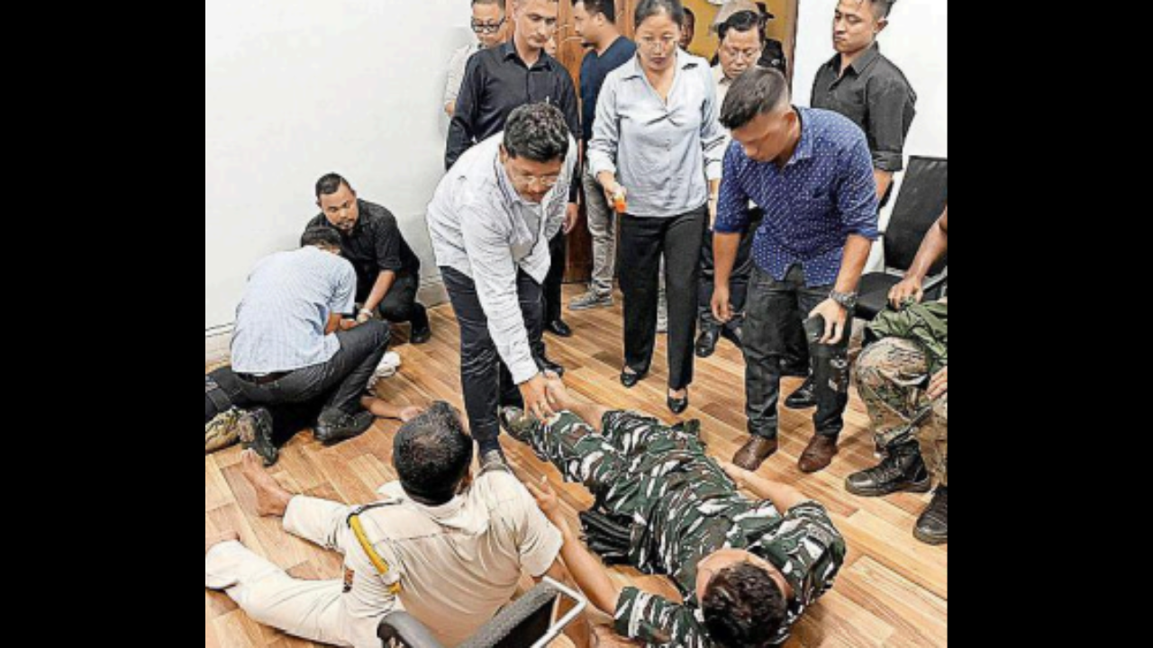 Meghalaya CM Conrad Sangma with the five police personnel injured in the Tura violence. File photo