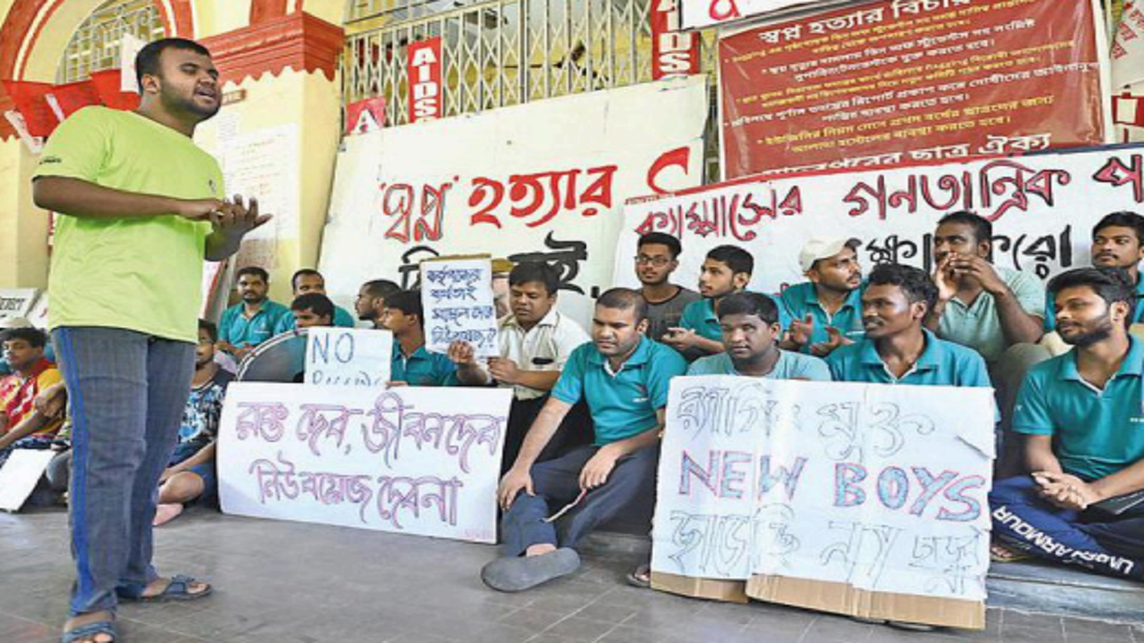 Boarders of New Boys’ Hostel protest on campus on Saturday. Students with disabilities, though, won’t be moved out, said a notice