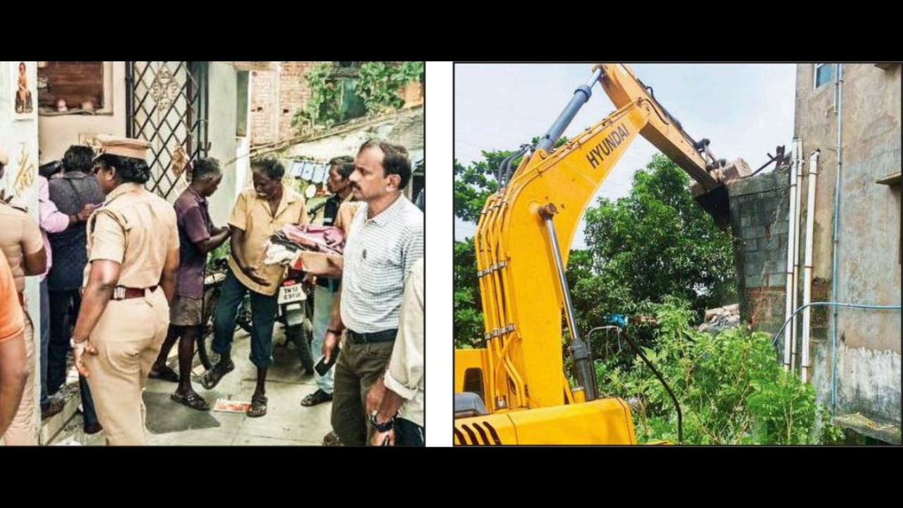 Eviction of encroachers (left) and demolition of concrete structures that were built along the Cooum River bank at Kambar Nagar in Maduravoyal on friday 