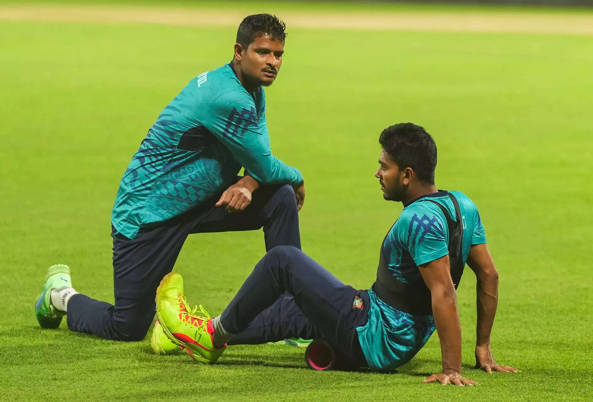 Bangladesh's Nasum Ahmed and Mehidy Hasan Miraz during a practice session. (PTI Photo)