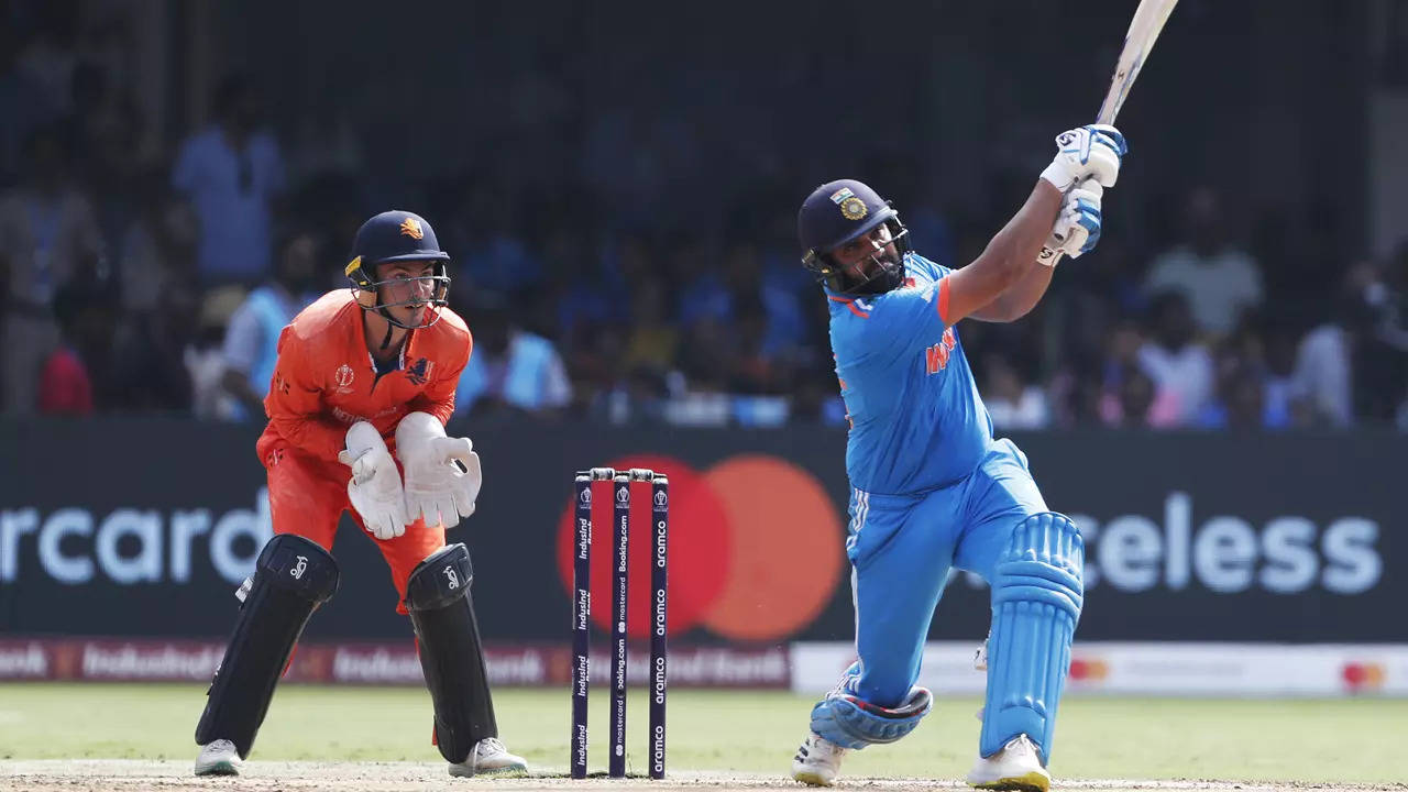Rohit Sharma of India plays a shot as Scott Edwards of Netherlands keeps during the ICC World Cup. (Getty Images)