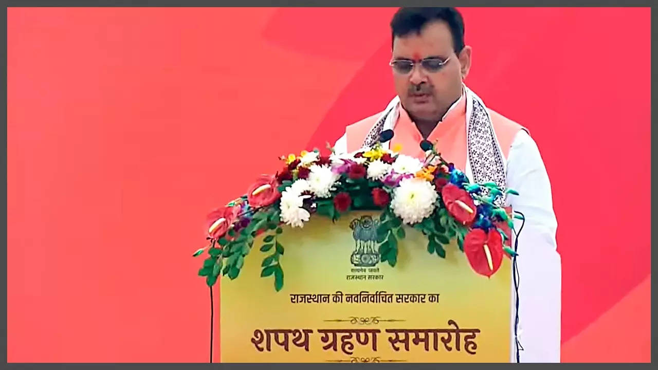 Bhajan Lal Sharma taking oath as Rajasthan CM during his swearing-in ceremony in Jaipur on Friday. (PTI photo)