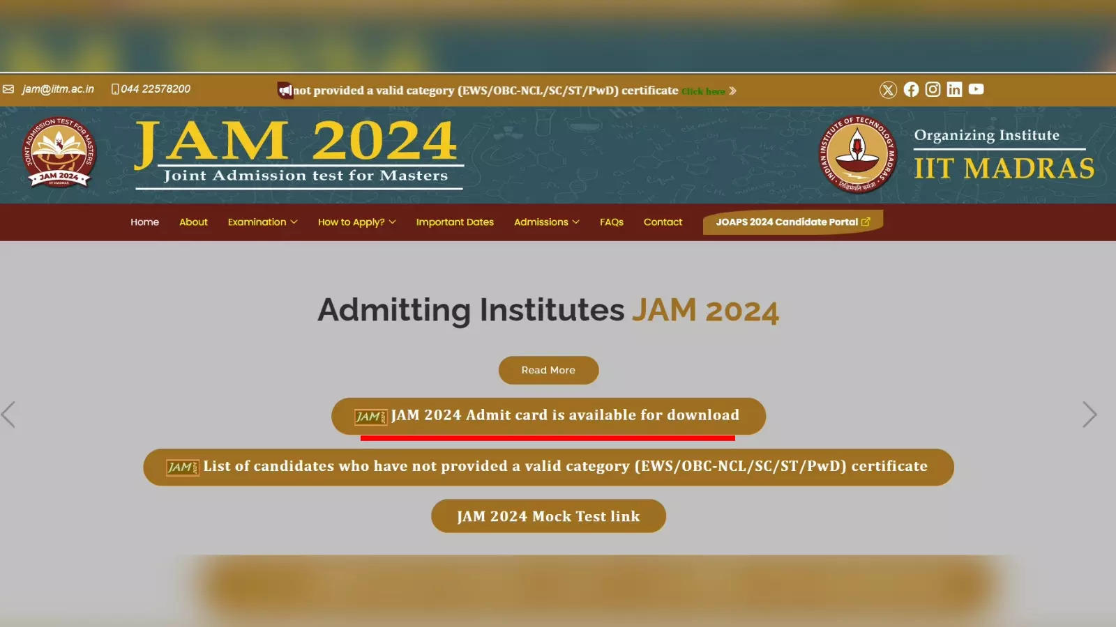 IIT JAM 2024 Admit card OUT at jam.iitm.ac.in; Direct link to download