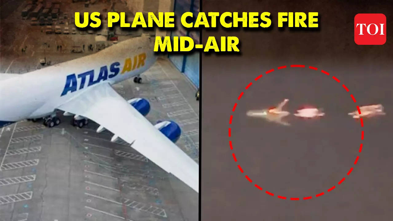 Video: Mid-air horror as US Boeing cargo plane’s engine catches fire, makes emergency landing at Miami airport | TOI Original