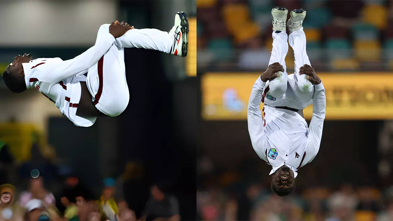 West Indies spinner Kevin Sinclair’s cartwheel celebration leaves Brisbane crowd in awe.