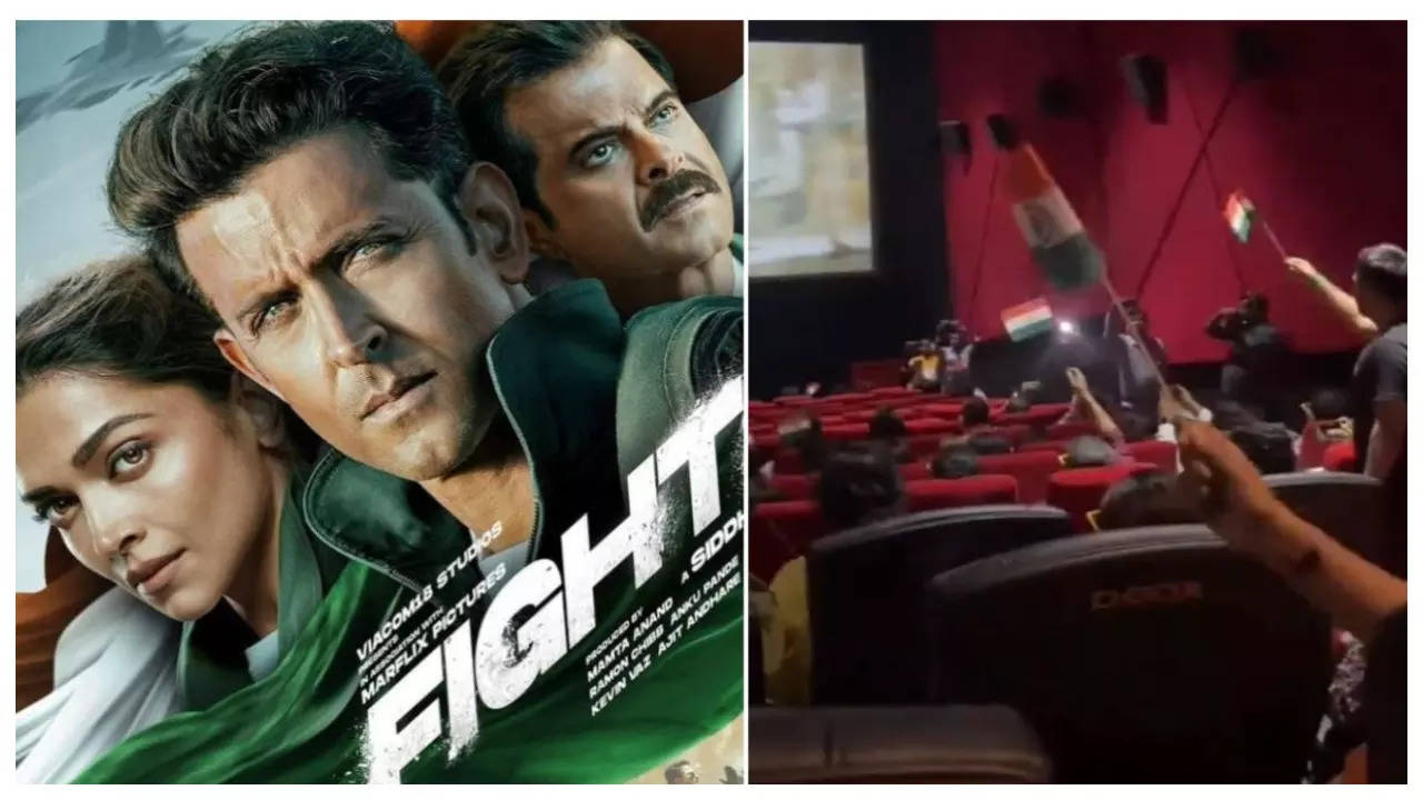 ‘Fighter’: Followers wave tricolour flag inside cinema halls as they watch the Hrithik Roshan and Deepika Padukone starrer |