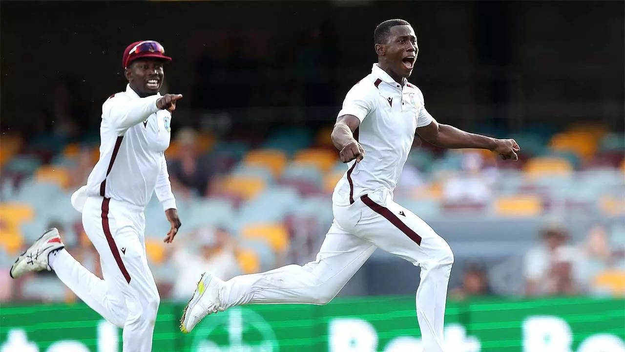 Shamar Joseph celebrates West Indies win against Australia at the Gabba in Brisbane. (AFP Photo)