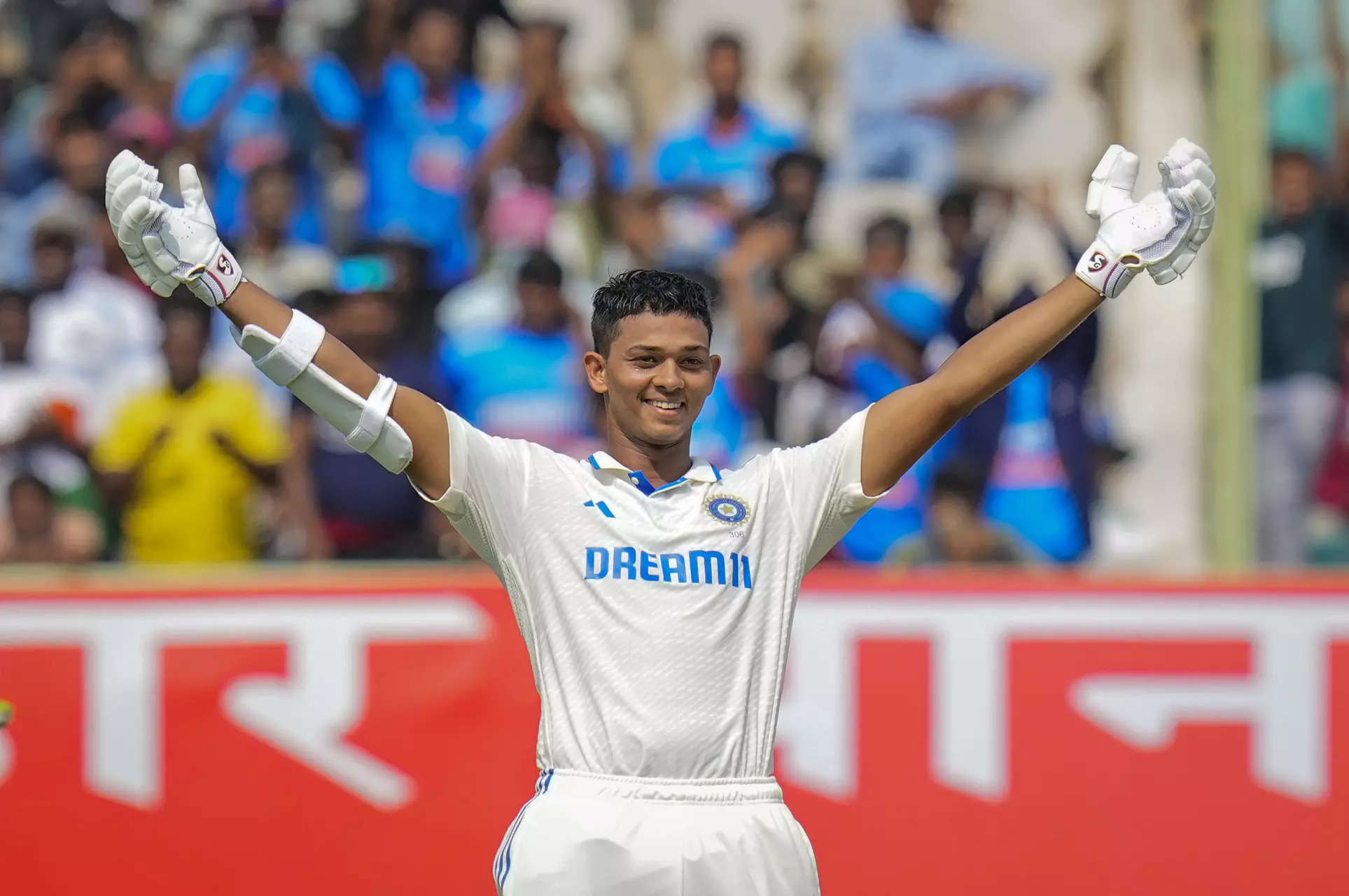 Yashasvi Jaiswal celebrates his century during the first day of the second Test. (PTI Photo)