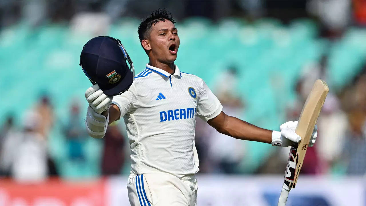 Yashasvi Jaiswal celebrates after scoring a century in Rajkot. (AFP Photo)