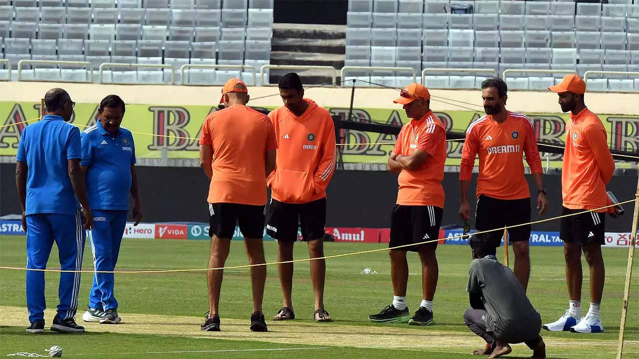Indian players inspect the pitch in Ranchi. (TOI Photo)