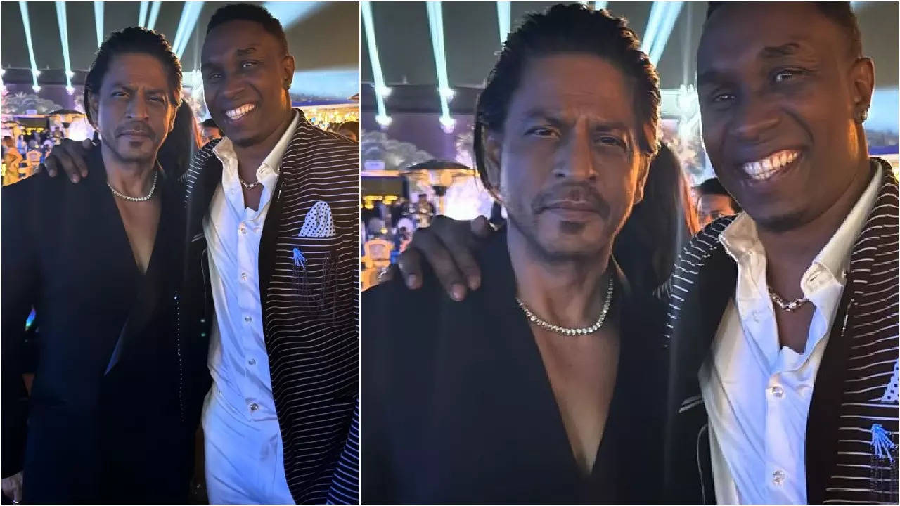 Shah Rukh Khan goes shirtless in a sharp suit and sports a dazzling diamond chain for Anant Ambani-Radhika Merchant’s pre-wedding festivity |