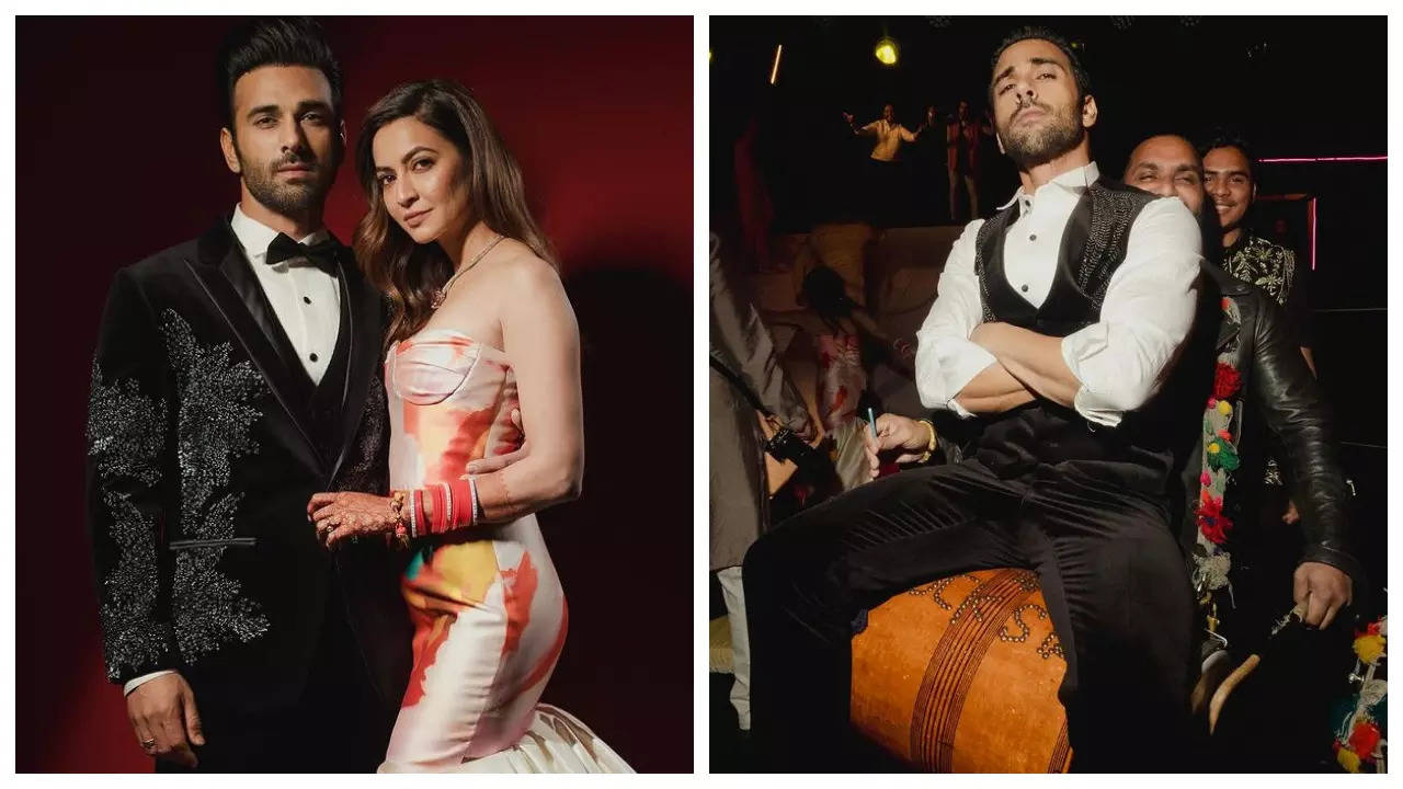 Pulkit Samrat dances to dhol beats, poses with spouse Kriti Kharbanda in NEW images from their wedding ceremony reception – See inside |