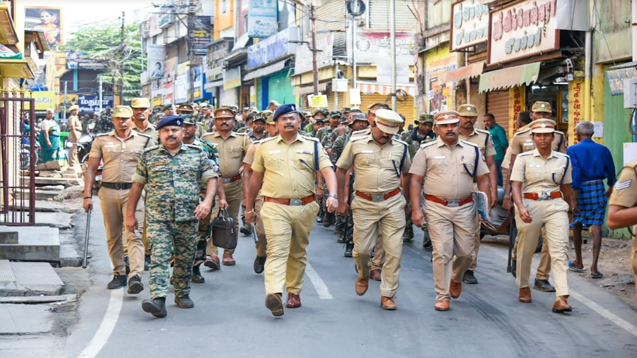 Coimbatore rural police conduct flag march in Pollachi