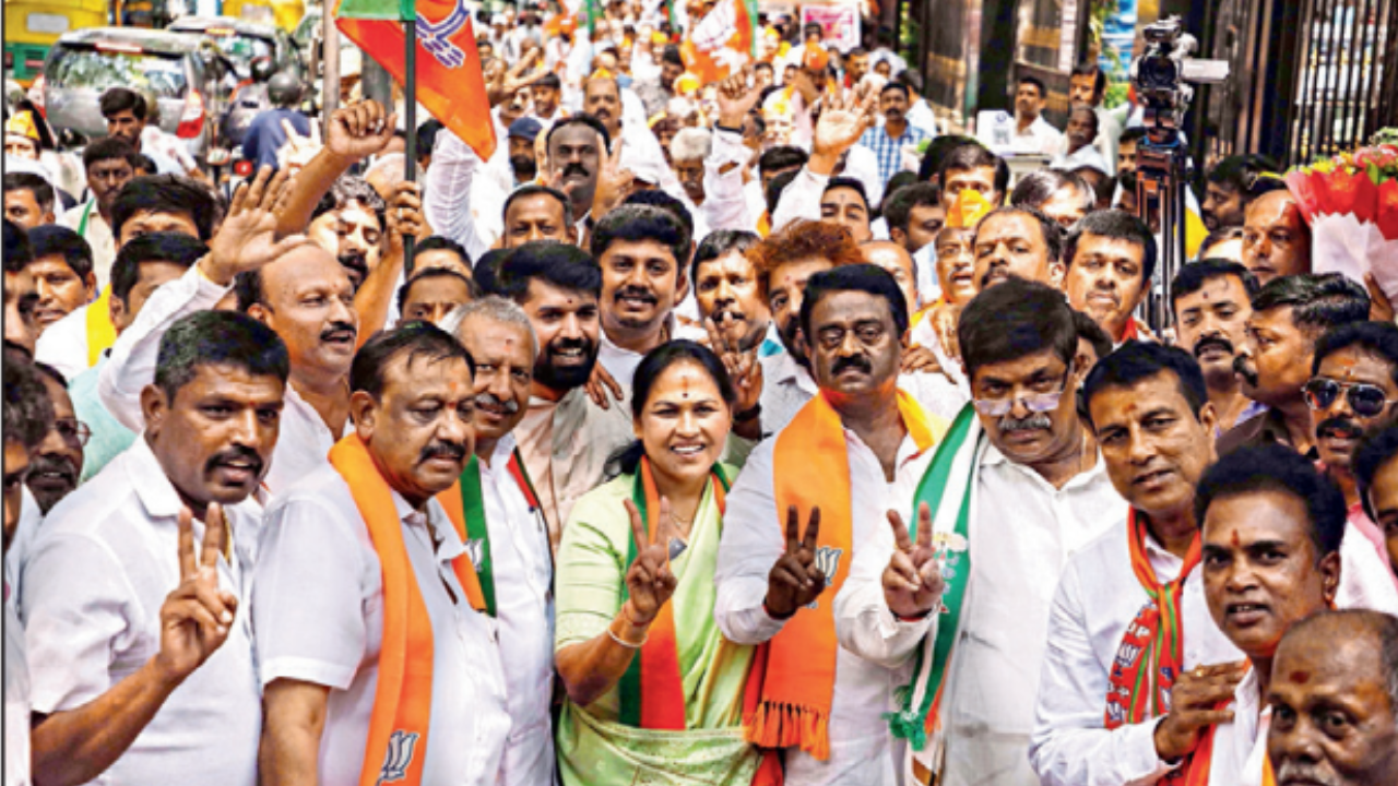 Show the strength: Hordes accompanied Shobha Karandlaje and Mansoor Ali Khan when they filed nominations in Bengaluru on Wednesday