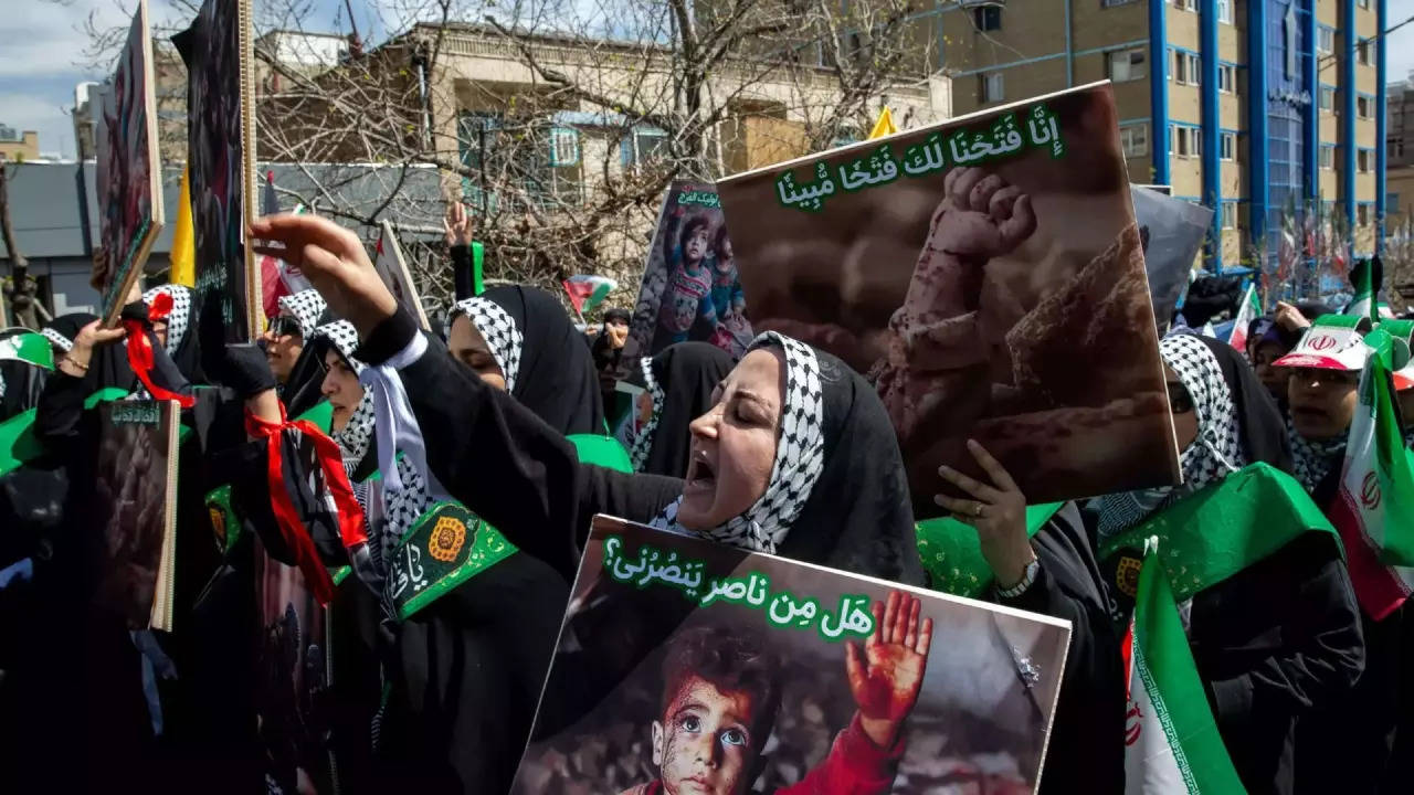Protesters in Tehran gather to denounce Israel and the United States during an Al-Quds Day, or Jerusalem Day, observance on Friday, April 5, 2024. (NYT News service Image)