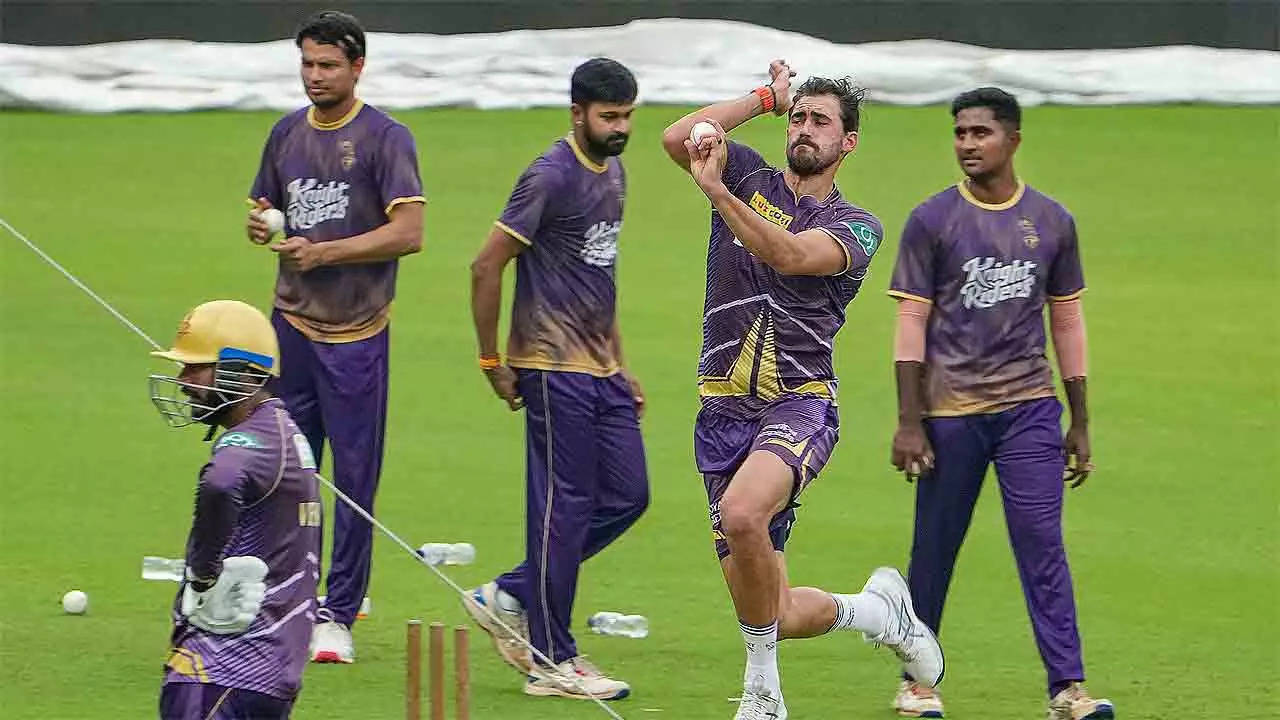 KKR cricketers during a practice session at Eden Gardens in Kolkata. (PTI Photo)