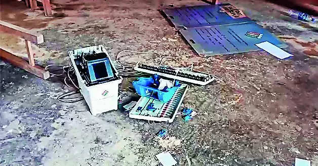 A broken EVM at a polling booth in Manipur on Friday 