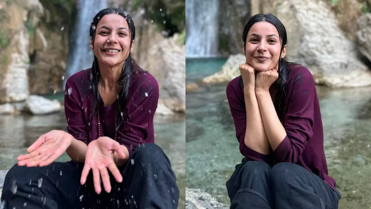 Shehnaaz Gill enjoys in the lap of nature; poses under a waterfall