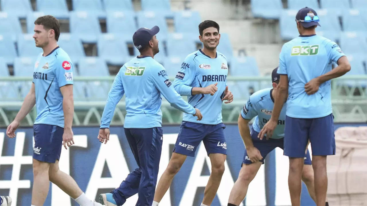 Gujarat Titans' captain Shubman Gill with others during a practice session. (PTI Photo)