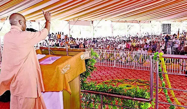 CM Yogi Adityanath addresses a public meeting in support of BJP’s Gorakhpur candidate Ravi Kishan, in Gorakhpur on Friday