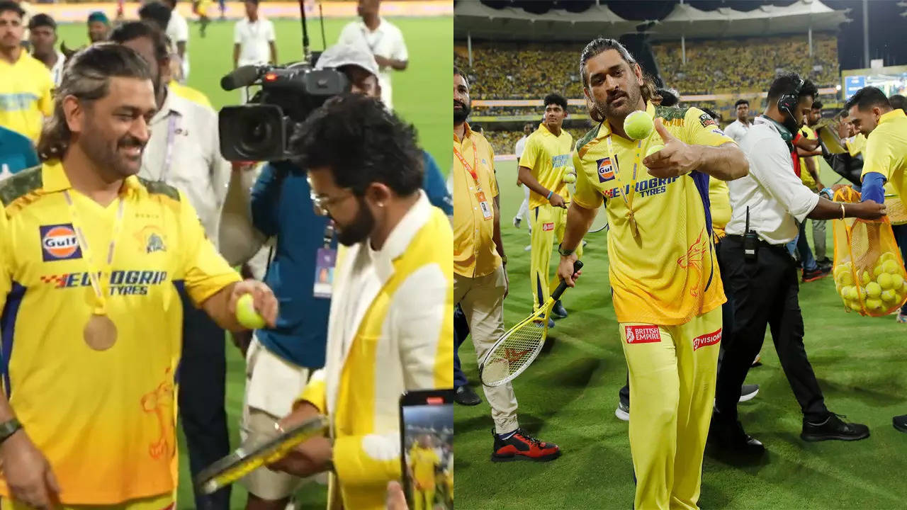 Dhoni reunites with Raina, gifts balls as souvenirs to fans