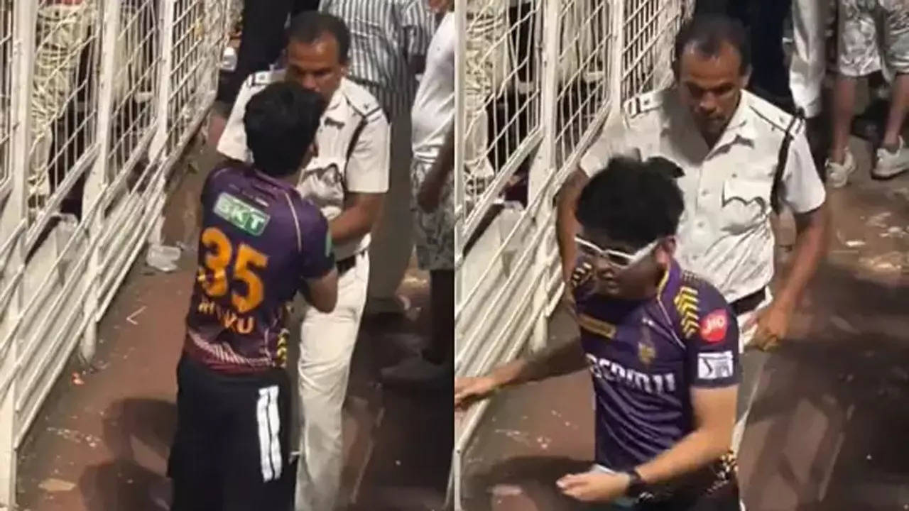 Watch: KKR fan hides match ball, faces anger of a cop