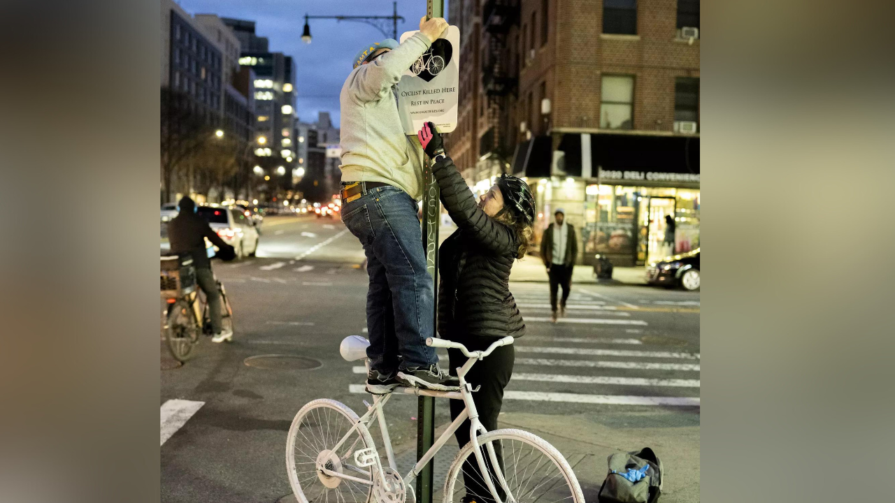 White bike installations pop up across New York as reminder of road safety
