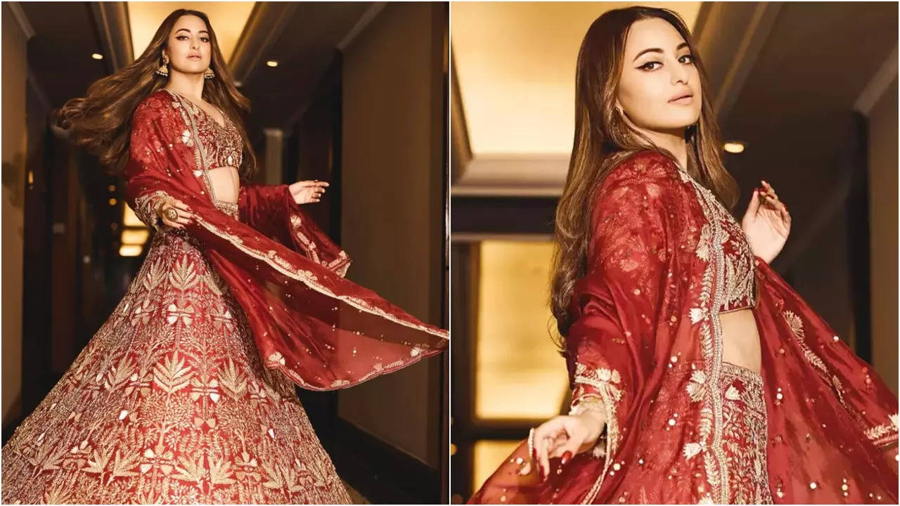 Is Sonakshi wearing red lehenga for her wedding?