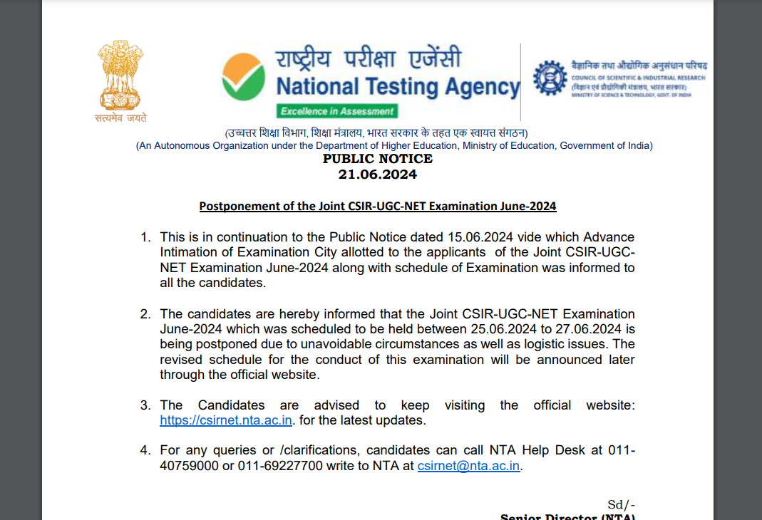NTA postpones Joint CSIR-UGC-NET exam due to 'unavoidable circumstances' as well as 'logistic issues'