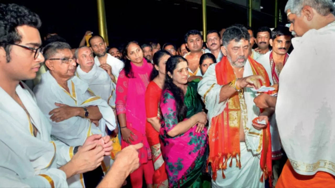 DK Shivakumar at Kukke Sri Subrahmanya temple on Tuesday. Knives are out for him after Congress’ poor show in Vokkaliga-dominated LS seats