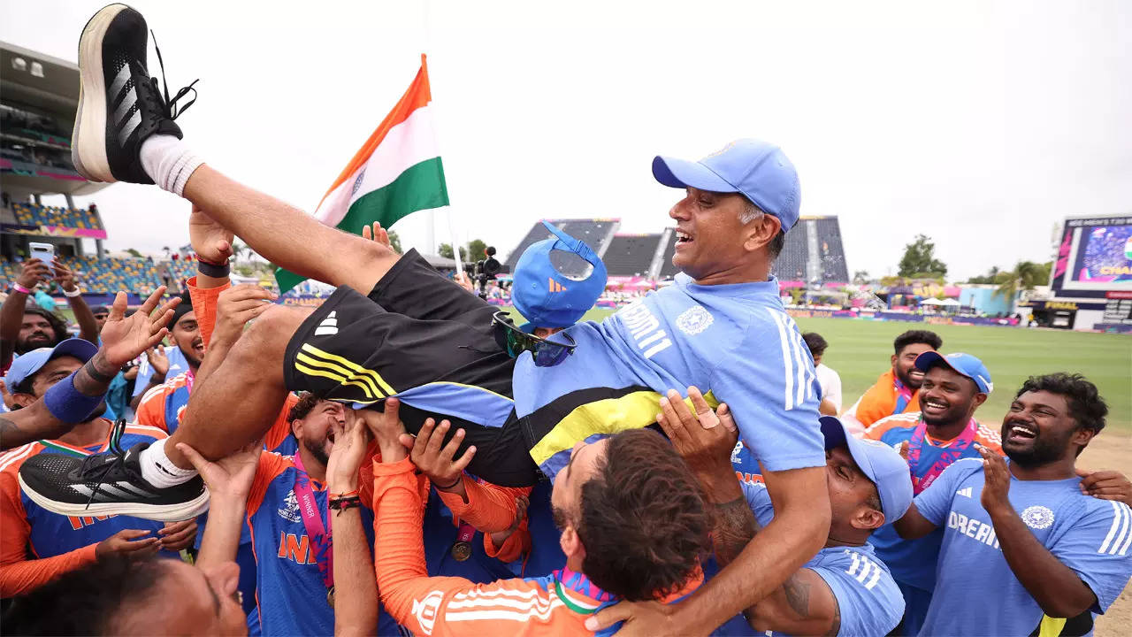 Head coach Rahul Dravid was lifted by the Indian team after winning the T20 World Cup final in Barbados (Getty Images)
