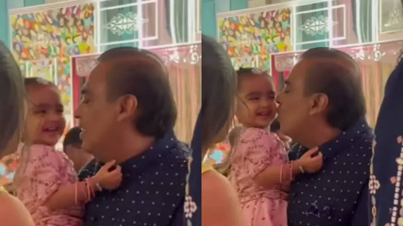 Mukesh Ambani's adorable moments with granddaughter Aadiya from Anant Ambani and Radhika Merchant's sangeet melts hearts | Hindi Movie News Filmymeet