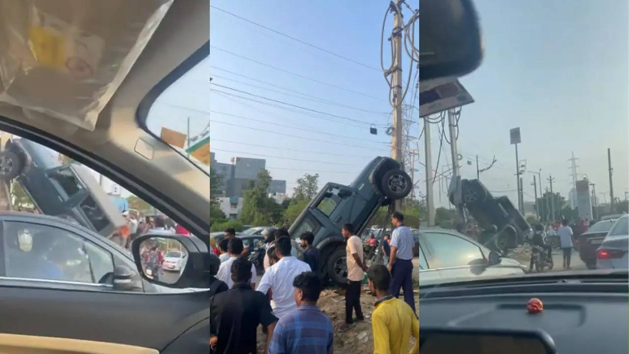 Watch: Mahindra Thar climbs electric pole in Gurgaon!