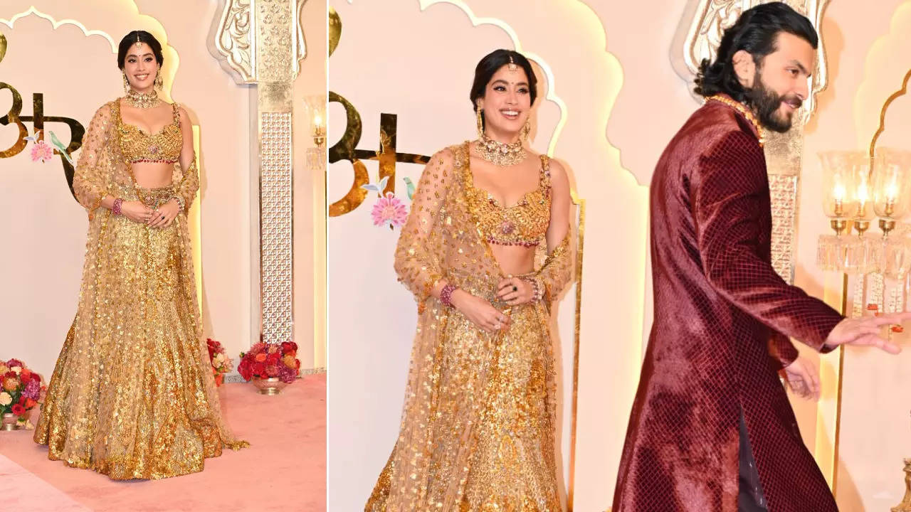 Anant Ambani-Radhika Merchant Wedding: Janhvi Kapoor stuns in a golden lehenga as she poses for paps while beau Shikhar Pahariya waits patiently | Hindi Movie News Filmymeet