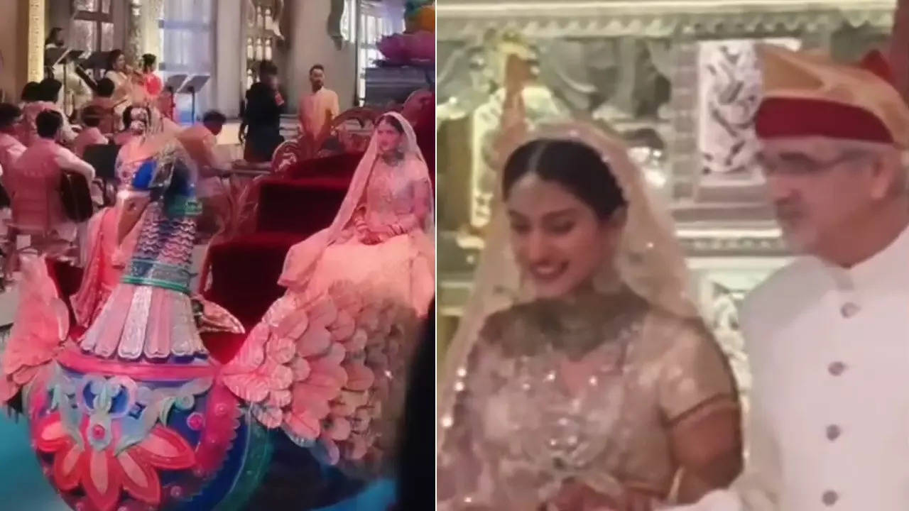 Anant Ambani and Radhika Merchant wedding: Bride arrives in Mayurvahana and walks down the aisle with father Viren during Varmala | Hindi Movie News Filmymeet