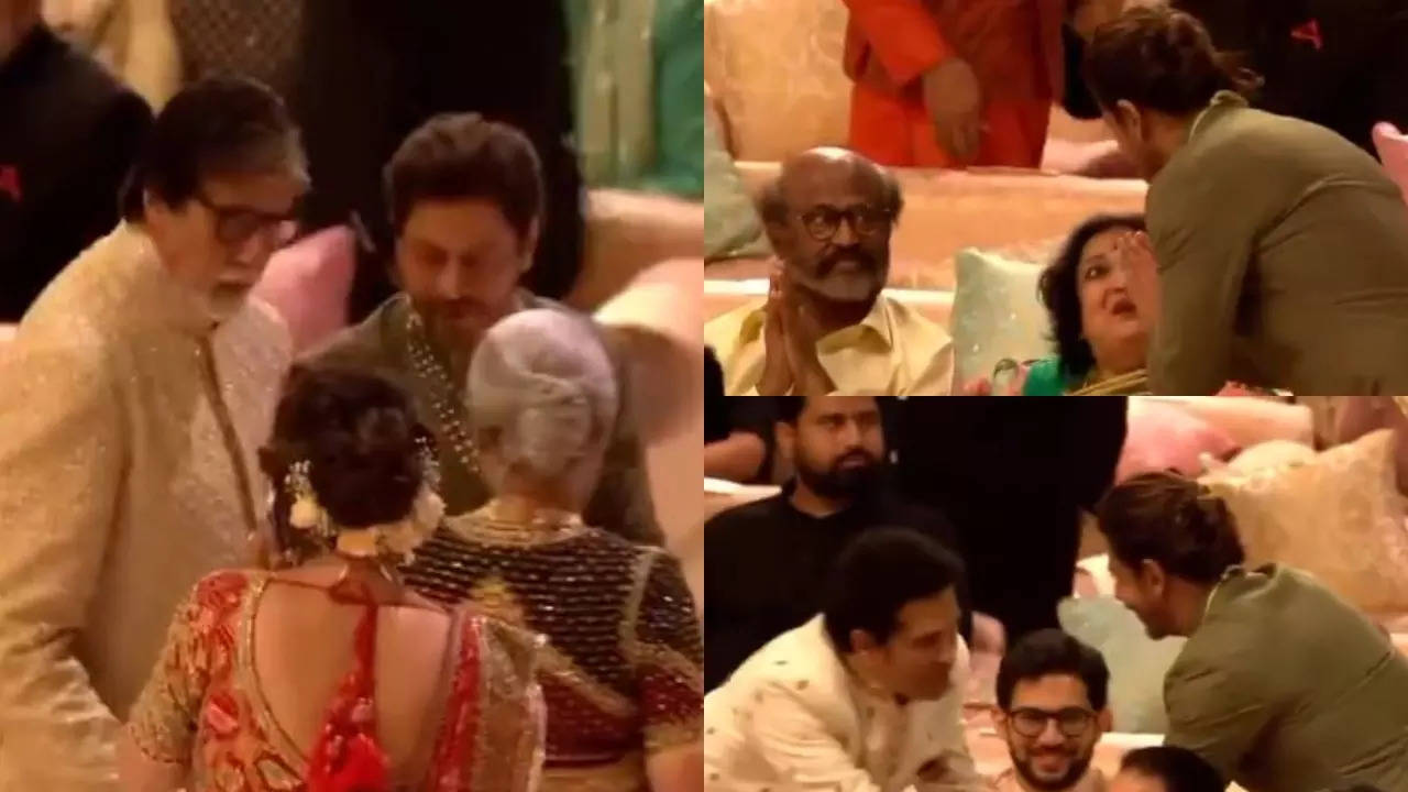 Shah Rukh Khan touches Amitabh Bachchan, Jaya Bachchan’s feet, warmly greets Rajinikanth, Sachin Tendulkar at Anant Ambani, Radhika Merchant’s wedding, netizens react – WATCH video | Hindi Movie News