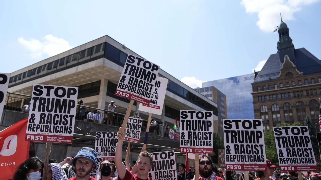 Protesters rally peacefully at GOP convention for abortion and immigrant rights, end to war in Gaza