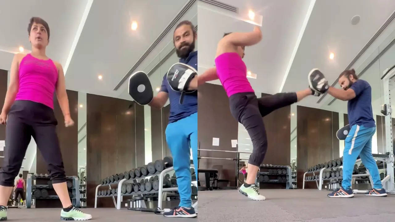 Hina Khan practices kick-boxing amidst breast cancer treatment; writes ‘Will it to win it, one step at a time’